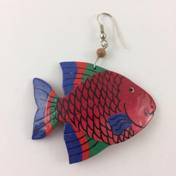 Vtg Tropical Funky Fish Handpainted Dangle Earrings Beachy Bohemian Tropicalcore - Picture 3 of 5